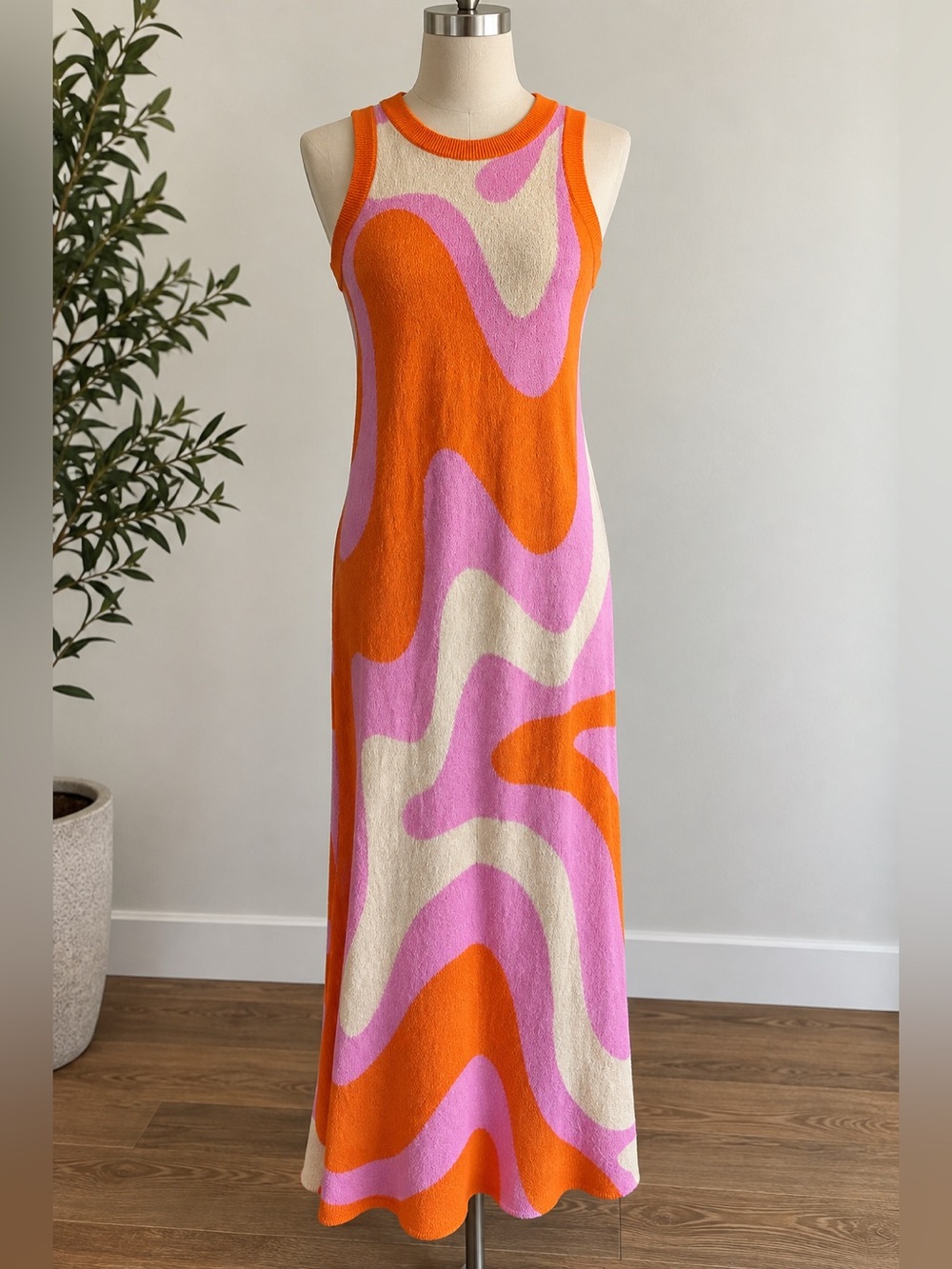 retro abstract wave knit maxi dress